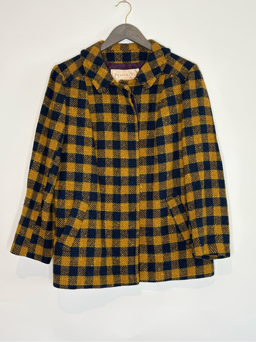 Vintage Pendleton Wool Pea Coat Womens 16 Yellow Navy Plaid Jacket VTG